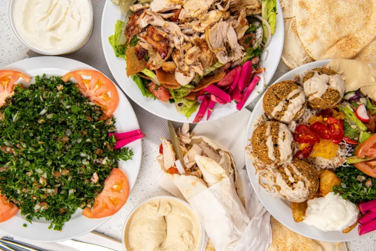 Chicken shawarma bowl with red cabbage and salad drizzled with garlic sauce on dark background