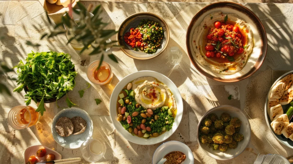 Turkish mezze table with hummus, falafel, tabbouleh, olives, pita and fresh herbs in sunlight