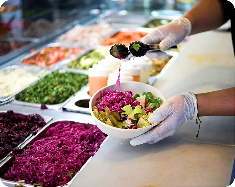 Fresh salad bowl with red cabbage, pickles and greens built to order at the topping bar